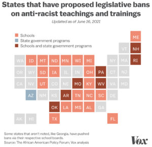 a stylized map of the United States, showing a color-coded diaply of which states have proposed legislative bans on anti-racists teachings and trainings.