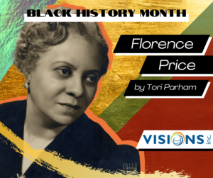 Black and white photo of Florence Price in a colorful collage.