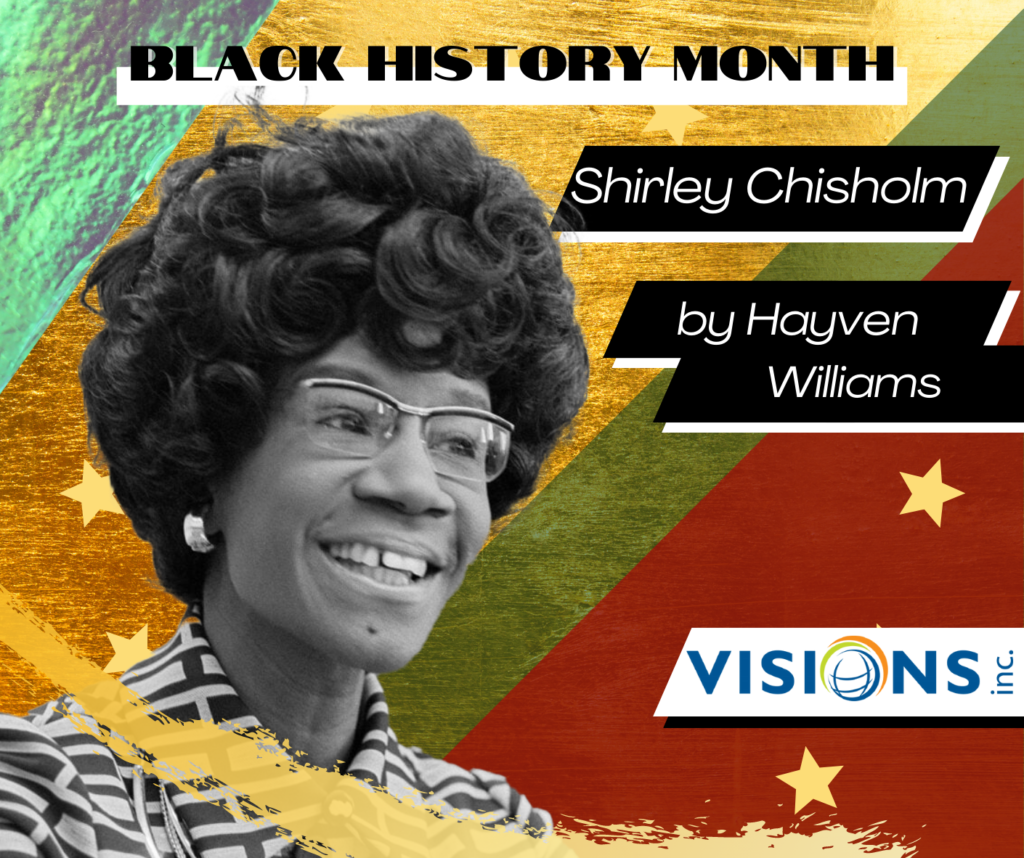 Black and white photo of Shirley Chisholm, smiling and wearing a collared shirt and glasses. Colorful collage background.
