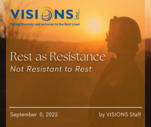 Silhouette of a person wearing glasses and a head covering standing in front of an orange sunset. Text: Rest as Resistance. Not Resistant to Rest. September 5, 2022. By VISIONS Staff.