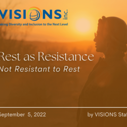 Silhouette of a person wearing glasses and a head covering standing in front of an orange sunset. Text: Rest as Resistance. Not Resistant to Rest. September 5, 2022. By VISIONS Staff