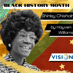 Black and white photo of Shirley Chisholm, smiling and wearing a collared shirt and glasses. Colorful collage background.